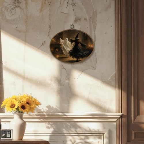 Halloween Ghost Witch Oval Wall Art Canvas Hanging Decor - Dancing1