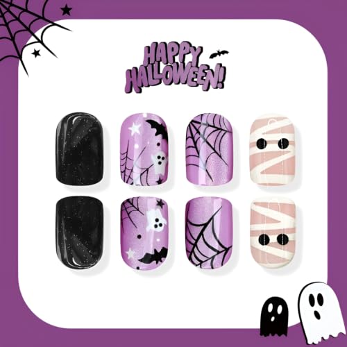 Halloween Short Square Fake Nails - Mummy Design, Purple Black, 24Pcs