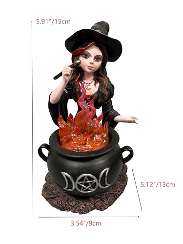 Halloween Witch Figurine with Red Fire Cauldron Fantasy Decor