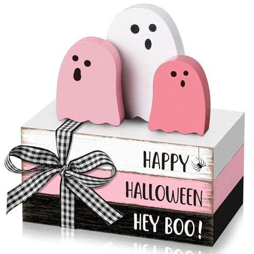 Pink Ghost Halloween Table Decor Set - 3 Wooden Signs & 3 Decorative Books - Pastel Pink Holiday Accent with 'Happy Halloween' Phrase