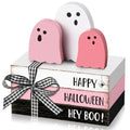 Pink Ghost Halloween Table Decor Set - 3 Wooden Signs & 3 Decorative Books - Pastel Pink Holiday Accent with 'Happy Halloween' Phrase