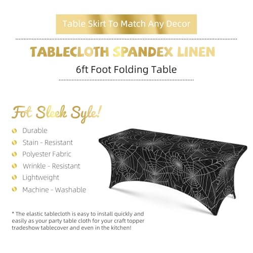 Halloween Spider Web Fitted Tablecloth - 6Ft Rectangular Stretch Spandex Cover with Variation 3x1 Inches