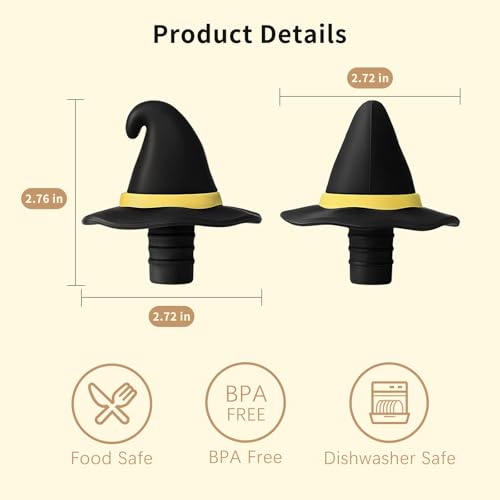 2 PCS Witch Hat Wine Stoppers - Halloween Party Wine Bottle Seals - Black & Yellow
