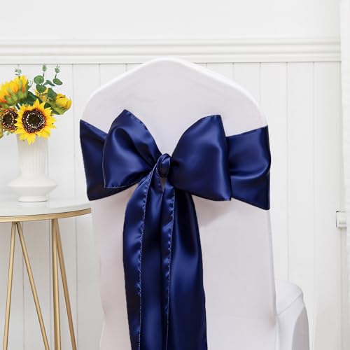 50 Pcs Satin Navy Blue Chair Sashes Bows 7x108 Inches for Weddings & Events - Variation of Navy Blue