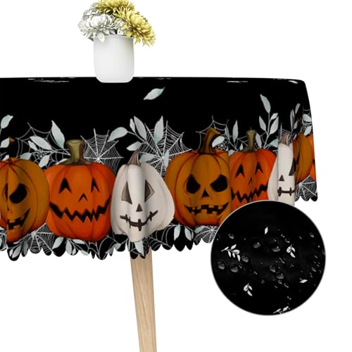 Halloween Round Tablecloth 70 Inch Black and Orange Spooky Pumpkin & Web Design Waterproof Fabric