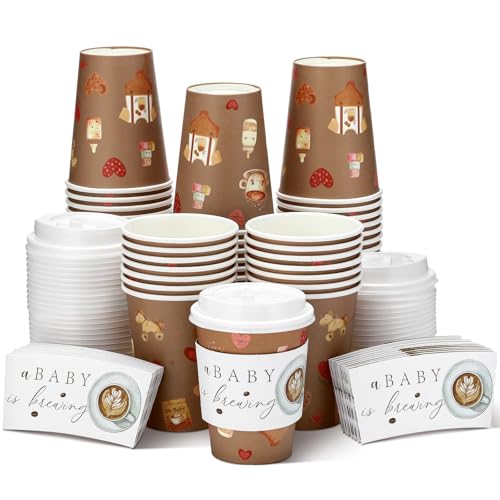 Baby Is Brewing Coffee Cups Set - 60pcs 14oz Disposable Cups with Lids & Sleeves, Brown Variation