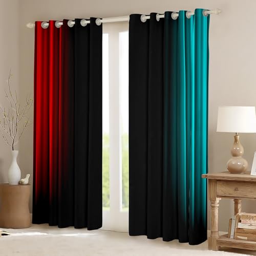 Feelyou Ombre Geometric Window Curtains for Kids Teens Women - Red Teal, 42W x 63L, Pack of 2