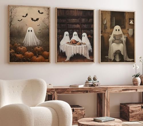 Halloween Ghost Canvas Wall Art Set - Spooky Bathroom Decor, 12x16 Inch Pumpkin Ghost Variation