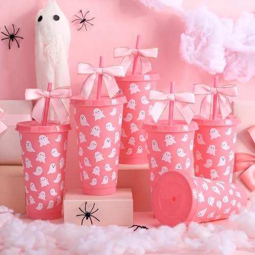 Pink Ghost Tumbler Set - 12 Reusable 24 Oz Halloween Cups with Straw & Lid