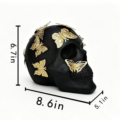Black Skull Statue Gothic Figurine for Home Decor - Large Halloween Ornament with Butterflies