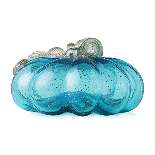 Glitzhome Hand Blown Glass Pumpkin Decor - 5 Inch Blue Fall Centerpiece