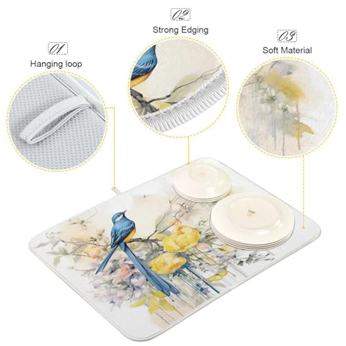 ALAZA Blue Bird with Yellow Flowers Dish Drying Mat - 16 x 18 Inch Kitchen Counter Protector