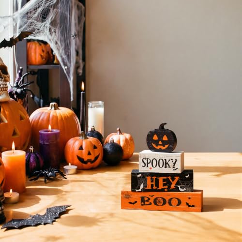 Halloween Wooden Block Decor Set - Spooky Boo Variant, Jack-O'-Lantern Pumpkin