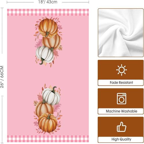 Fall Kitchen Towels Pink Pumpkin Buffalo Plaid Set - 4 Pcs