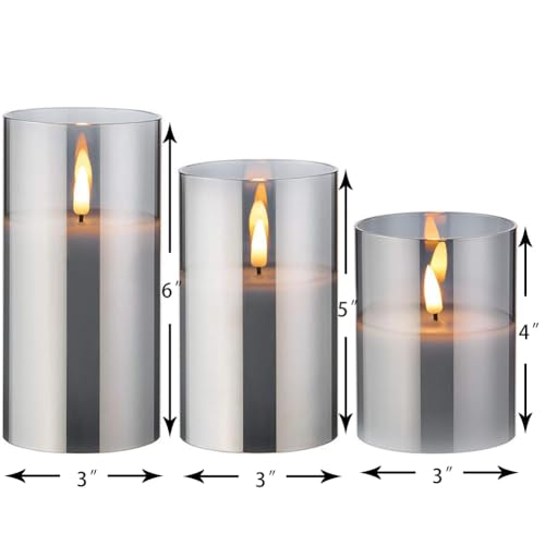 Gray Glass Flameless LED Candles 4/8h Timer - 3 Pack, 3x4x5-6 Inches