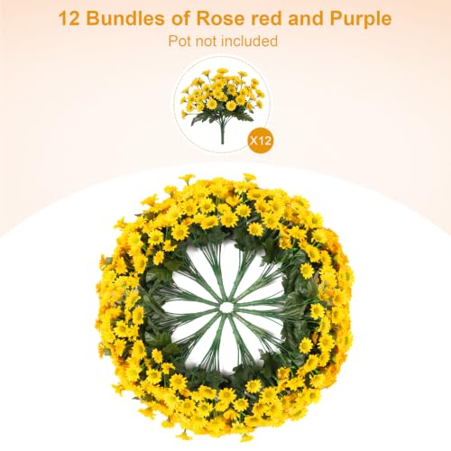 Artificial Fall Flowers Set - 12 Bundles UV-Resistant Fake Mums for Outdoor Decoration - 24 Yellow