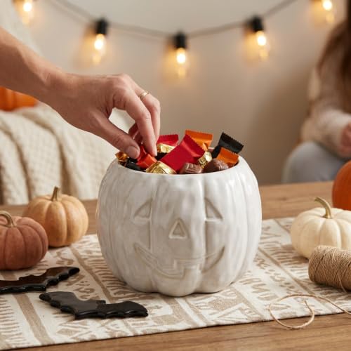 Ceramic Pumpkin Candy Bowl - White Halloween Decorative Dish, 6.5 x 4.7 in