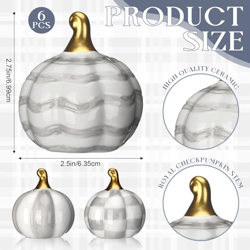 DoubleFill White Checkered Stripe Ceramic Pumpkins Fall Centerpiece - Gray & White, 6 Pieces