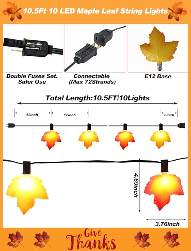 Orange & Yellow Maple Leaf String Lights - 10.5FT Outdoor Fall Decor with 10 LEDs