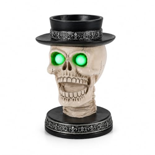Halloween Skull Candy Bowl with Glowing Eyes & Black Hat - Spooky Gothic Decor