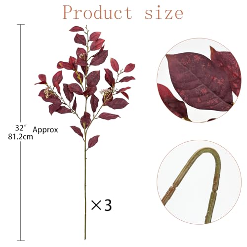Artificial Burgundy Fall Euonymus Leaves Stems with Flower Seeds - 3 Pcs, 32 Inches