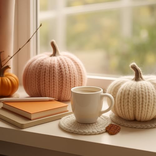 Fall Crochet Coasters Set - Pumpkin Design, Beige, 4 Pieces