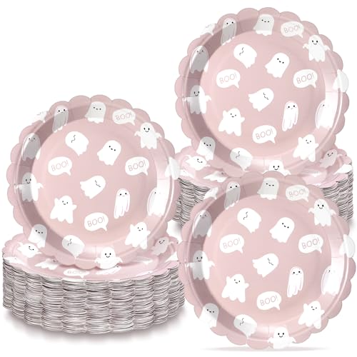 Pink Ghost Boo Halloween Disposable Plates 9 Inch - 100 Pack