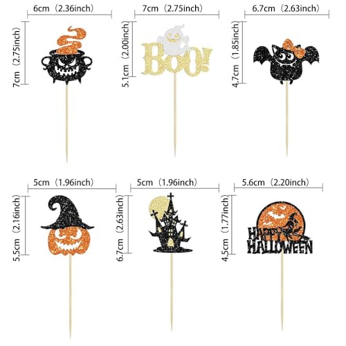 Halloween Cupcake Toppers Set - 24 Glitter Ghost Pumpkin Witch Bats Decorations