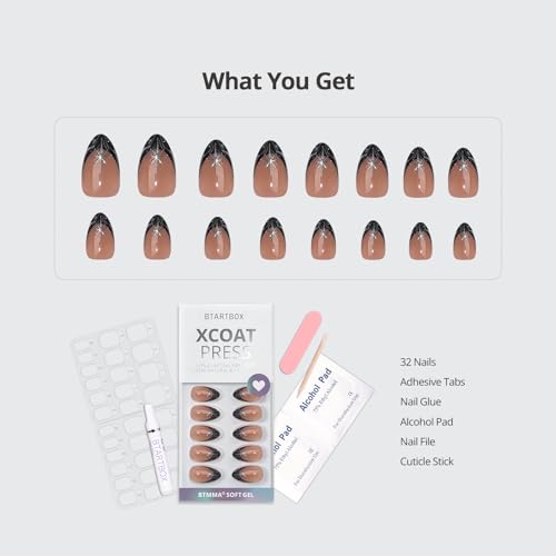 Press On Nails Kit - Black Almond French Tip, 32 Pcs with Gel Glue & Tools - Midnight Spark Variation