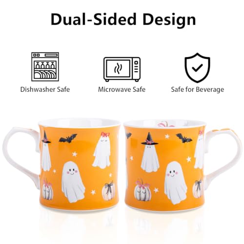 Halloween Ghost Coffee Mug - Modern Orange Ceramic Cup with Pumpkins Bats & Witch Hat - Spooky-Cute Gift