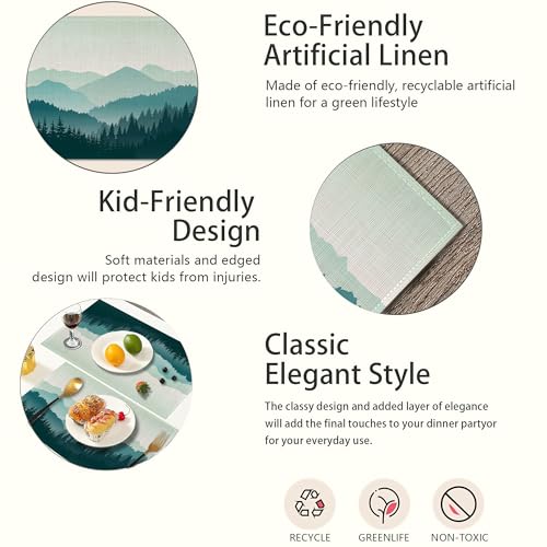 Misty Mountain Forest Linen Placemats Set of 6 - Washable Heat Resistant Kitchen Table Mats