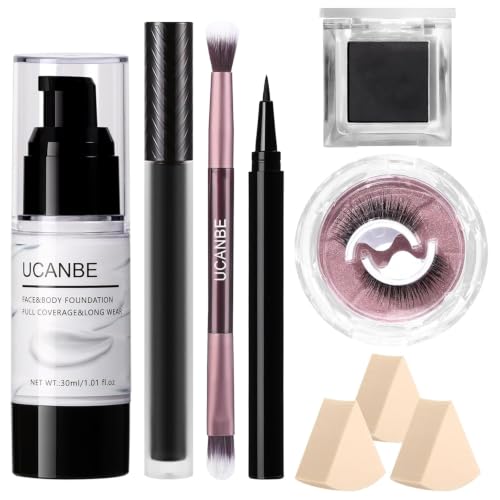 Halloween Black Makeup Kit - White Foundation, Black Lipstick & Eyeliner, False Lashes, Sponges & Brush