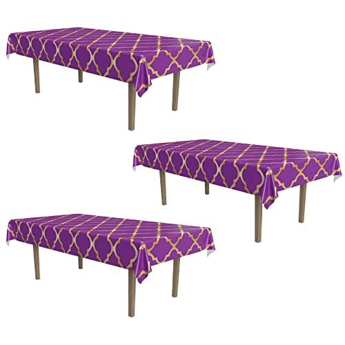 Moroccan Lattice Plastic Table Covers - 3 Pack, 54 x 108 Inches, Purple & Gold - Arabian Nights Theme Party Decor