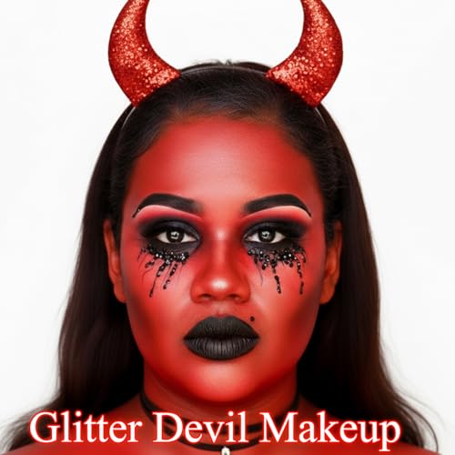 Devil Headband Makeup Kit - Water-Based Red Face Paint, Black Lipstick & Sponge for Halloween Costume