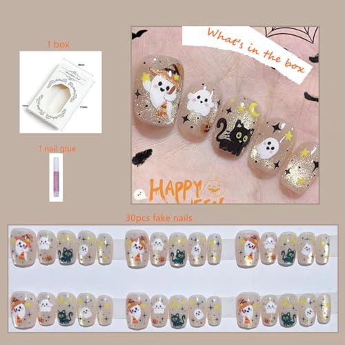 Cat Eye Press On Nails Short Square - White Gold Halloween Designs 30Pcs