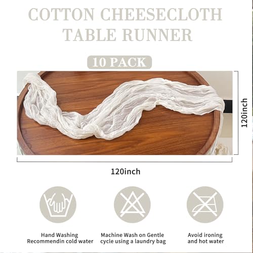 Bright White Cheesecloth Table Runners - 10 Pack, 120 Inch Length, 10ft