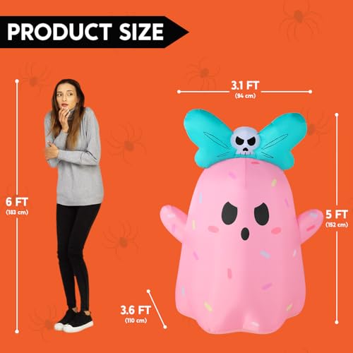 Pink Halloween Inflatable Ghost 5FT Tall with LED Lights & Bowknot - Outdoor Yard Decor