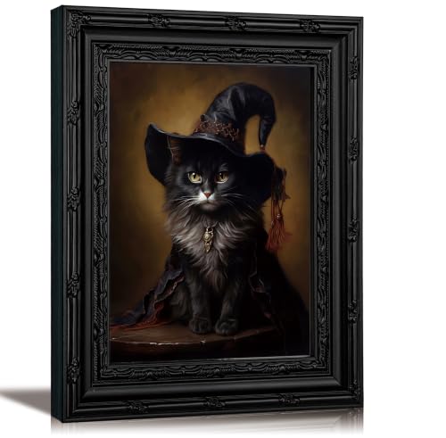 Black Framed Halloween Black Cat Wall Art Gothic Witch Cat Portrait Canvas Decor 11x9
