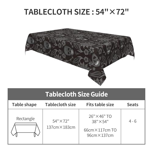Gothic Black Tablecloth - Skeleton Floral Rectangular Waterproof 54x72 Inch - Obilvix Variation