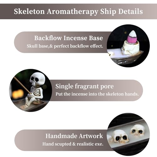 Halloween Incense Burner Skeleton Ship Hand-Carved 8.5 Inch Brown - NUOLUTH