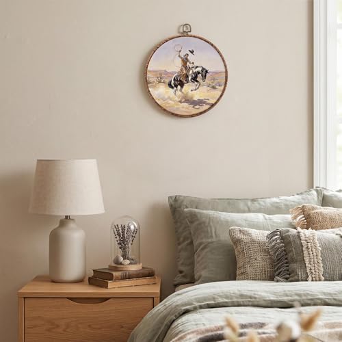 Western Cowboy Round Wall Art Decor 10x10 Inch Framed Print - Rustic Horse Scene