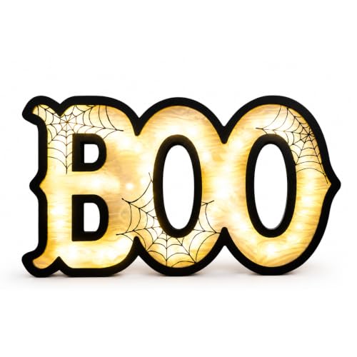 Light Up Halloween BOO Sign with Spiderweb Pattern - Wooden Indoor Decor