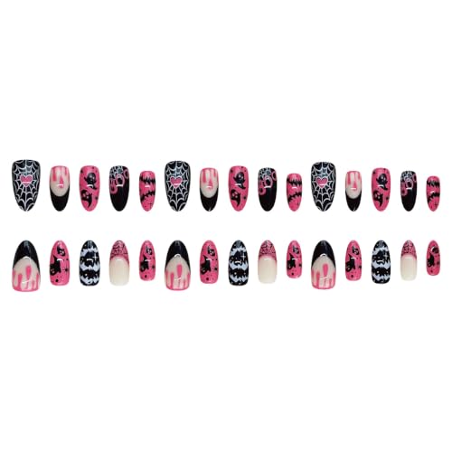 Halloween Press On Nails Set - Gothic Pink & Black Almond Fake Nails W9