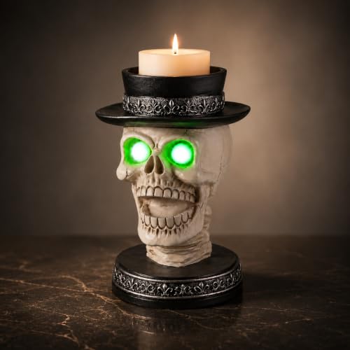 Halloween Skull Candy Bowl with Glowing Eyes & Black Hat - Spooky Gothic Decor