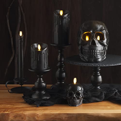 Black Wax Drip Flameless Candle Set - 3 x 6.5 Inch LED Moving Flame Pillars with Timer