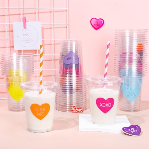 Conversation Heart Valentine's Day Disposable Plastic Cups with Lids & Straws - 12oz, 60 Pack