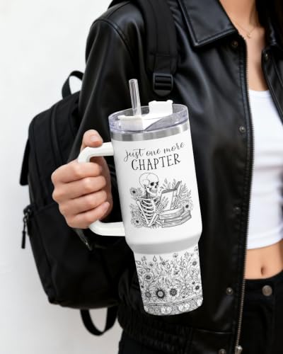 Skeleton Reading Books Tumbler 40oz with Handle - Halloween Gift - Skull Book Variation