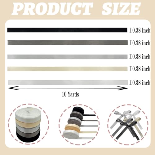 Gradient Satin Ribbon Set - Black, White, Grey 3/8" Wide, 50 Yards for Craft & Gift Wrapping - Variation: Black Grey White