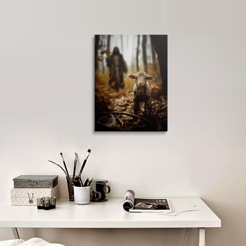 Jesus Shepherd Wall Art Canvas - Jesus Running After Lost Lamb 24x16 Inches - Christian Home Decor