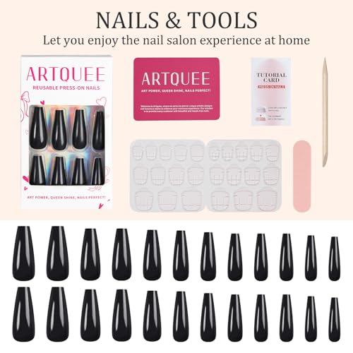Artquee 24pcs Black Ballerina Long Coffin Glossy Fake Nails - Variation CB-B